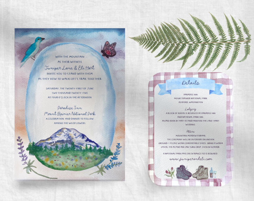 Watercolor wedding invitation featuring Mount Rainier with a bird, butterfly, and fern detail.
