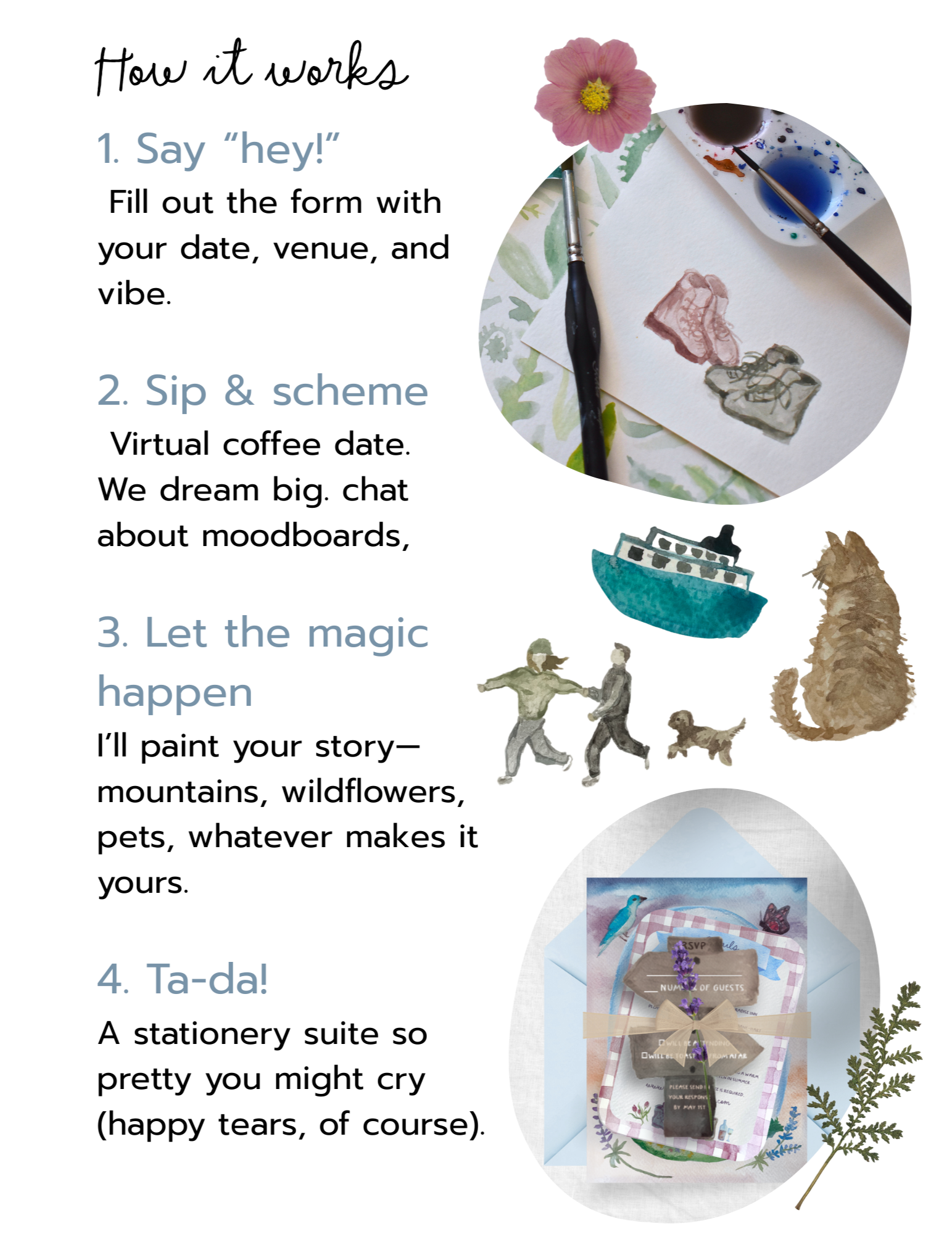 Watercolor sketches with a pen and flower on a desk, representing the creative design process.