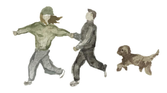 Watercolor illustration of a couple walking with their dog.